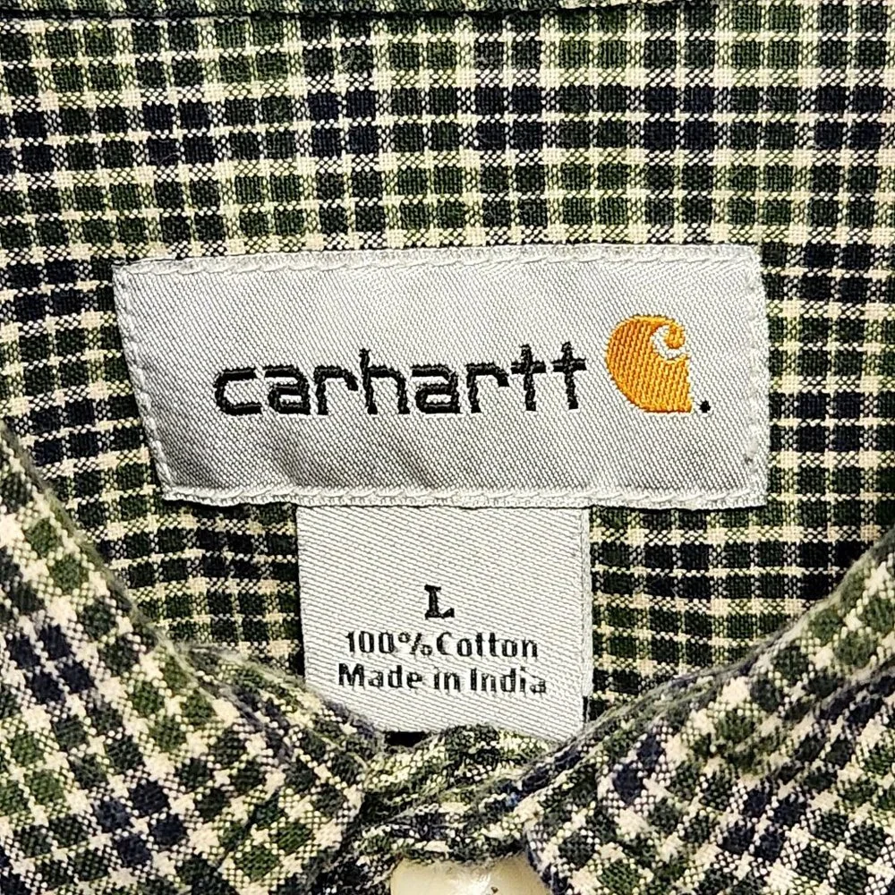 Carhartt Long Sleeve Button Up Shirt Men's LG Blue Green Pin Check Plaid Camping